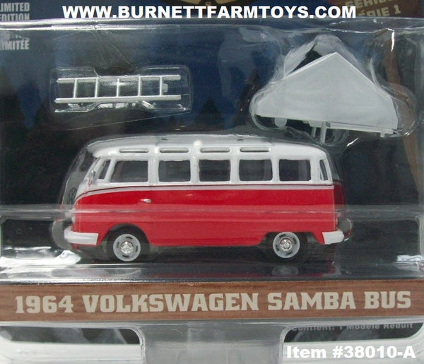 Item #38010-A White Red 1964 Volkswagen Samba Bus with Camp'otel Cartop  Sleeper Tent - 1/64 Scale - Greenlight - The Great Outdoors Series 1