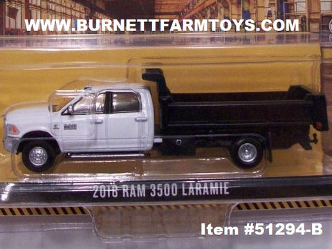 Item #51294-B White 2018 4-Door RAM 3500 Laramie Dump Truck with Black Bed - 1/64 Scale