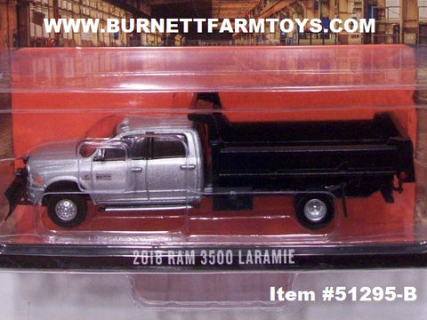 Item #51295-B Silver 2018 4-Door RAM 3500 Laramie Dump Truck with Black Bed and Black Snow Blade - 1/64 Scale