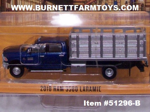 Item #51296-B Blue 2018 4-Door RAM 3500 Laramie Stake Bed Truck with Silver Bed - 1/64 Scale