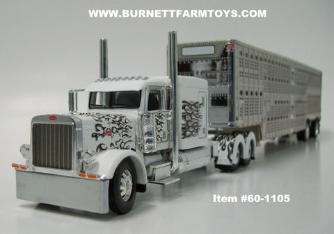Item #60-1105 White Black and Gray Flame Long Frame Peterbilt 389 63-inch Flattop Sleeper with Silver Spread Axle Wilson Silverstar Livestock Trailer - 1/64 Scale - DCP