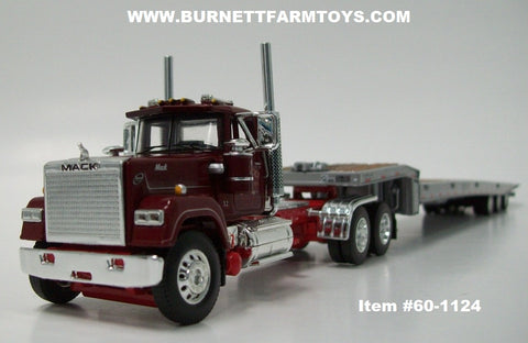 Item #60-1124 Santucci Construction Burgundy Red Mack Superliner Day Cab with Silver Tri-Axle Talbert 5553TA Slide Axle Flatbed Trailer - 1/64 Scale - DCP