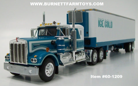 Item #60-1209 Ice Cold Turquoise White Kenworth W900A 36-inch Flattop Sleeper with Turquoise White Tandem Axle 40-foot Vintage Refrigerated Trailer with Thermo King Refrigerator - 1/64 Scale - DCP