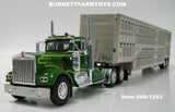 Item #60-1263 Dark Green Lime Green Kenworth W900A Day Cab with Silver Tandem Axle Wilson Silver Star Livestock Trailer - 1/64 Scale - DCP