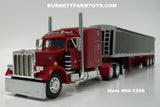 Item #60-1266 Spectra Red Peterbilt 359 Mid Roof Sleeper with Black Sided Black Tarp Spectra Red Frame Tri-Axle Lode King Distinction Hopper Bottom Grain Trailer - 1/64 Scale - DCP by First Gear