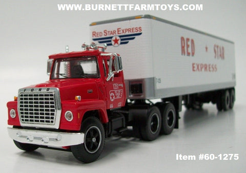 Item #60-1275 Red Star Express Red Ford LT 9000 Day Cab with White Silver Trim Black Frame Tandem Axle Vintage 40-foot Dry Goods Van Trailer -1/64 Scale - DCP - Fallen Flag Series