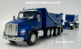 Item #60-1277 Surf Blue Metallic Kenworth T880 Day Cab with Quad Axle Rogue Dump Body and Tandem Axle Rogue Transfer Dump Trailer - 1/64 Scale - DCP by First Gear