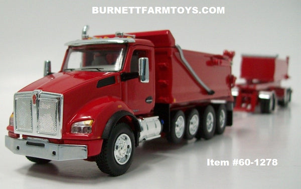 Item #60-1278 Viper Red Kenworth T880 Day Cab with Quad Axle Rogue Dump  Body and Tandem Axle Rogue Transfer Dump Trailer - 1/64 Scale - DCP by  First 