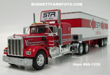 Item #60-1332 STR East-West Line Haul Red White Stripe Black Outline Kenworth W900A 60-inch Flattop Sleeper with Air Faring and White Red Black Sided Silver Trim Red Frame 40-foot Vintage Tri-Axle Van Trailer - 1/64 Scale - DCP by First Gear