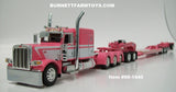 Item #60-1440 Pink White Tri-Axle Peterbilt 389 63-inch Flattop Sleeper with Pink Tri-Axle Fontaine Magnitude Lowboy Trailer with Jeep and Stinger - 1/64 Scale - DCP by First Gear