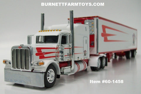 Item #60-1458 Dawes Contract Carriage White Red Peterbilt 389 63-inch Mid Roof Sleeper with Spread Axle Utility Ribbed Refrigerated Trailer with Thermo King Refrigerator - 1/64 Scale - DCP by First Gear