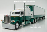 Item #60-1459 John Darragh Trucking White Green Gold Outline Peterbilt 389 63-inch Mid Roof Sleeper with Spread Axle Utility Ribbed Refrigerator Trailer with Thermo King Refrigerator - 1/64 Scale - DCP by First Gear