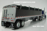 Item #60-1460 Blue Silver Gold Peterbilt 389 63-inch Flattop Sleeper with Black Sided Black Tarp Silver Frame Tandem Axle Wilson Commander Hopper Bottom Grain Trailer with Chrome End Caps - 1/64 Scale - DCP