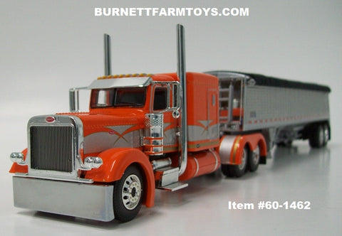 Item #60-1462 Orange Silver Gold Peterbilt 389 63-inch Flattop Sleeper with Pewter Sided Black Tarp Silver Frame Tandem Axle Wilson Commander Hopper Bottom Grain Trailer with Chrome End Caps - 1/64 Scale - DCP