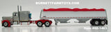 Item #60-1463 Pewter Metallic Red Gold Peterbilt 389 63-inch Flattop Sleeper with White Sided Red Tarp Silver Frame Tandem Axle Commander Hopper Bottom Grain Trailer with Chrome End Caps - 1/64 Scale - DCP