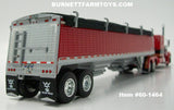 Item #60-1464 Red Black Gold Peterbilt 389 63-inch Flattop Sleeper with Red Sided Black Tarp Silver Frame Tandem Axle Wilson Commander Hopper Bottom Grain Trailer with Chrome End Caps - 1/64 Scale - DCP