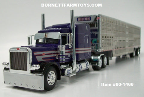 Item #60-1466 Hilton Trucking Purple Silver Black Red Outline Peterbilt 389 63-inch Mid Roof Sleeper with Silver Spread Axle Wilson Silver Star Livestock Trailer with Translucent Roof and Chrome End Caps - 1/64 Scale - DCP by First Gear