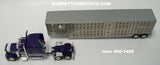 Item #60-1468 Purple White Stripe Lime Green Outline Peterbilt 389 70-inch Mid Roof Sleeper with Silver Tandem Axle Wilson Silver Star Livestock Trailer with Chrome End Caps - 1/64 Scale - DCP by First Gear