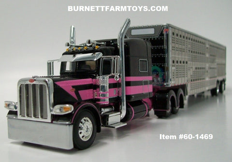 Item #60-1469 Black Pink Peterbilt 389 70-inch Mid Roof Sleeper with Silver Spread Axle Wilson Silver Star Livestock Trailer with Chrome End Caps - 1/64 Scale - DCP by First Gear