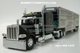 Item #60-1470 Black Gray Stripe Red Outline Peterbilt 389 70-inch Mid Roof Sleeper with Silver Tri-Axle Wilson Silver Star Livestock Trailer with Chrome End Caps - 1/64 Scale - DCP by First Gear