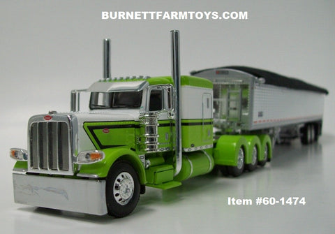 Item #60-1474 Lime Green White Black Outline Tri-Axle Peterbilt 389 63-inch Flattop Sleeper with White Sided Black Tarp Silver Frame Tri-Axle Wilson Pacesetter Hopper Bottom Grain Trailer - 1/64 Scale - DCP by First Gear
