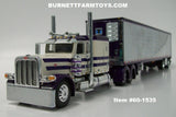 Item #60-1535 Purple Cream Peterbilt 389 63-inch Flattop Sleeper with Chrome Ribbed Sided Purple Trim Spread Axle Utility Refrigerated Trailer with Thermo King Refrigerator - 1/64 Scale - DCP by First Gear
