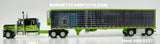 Item #60-1537 Black Lime Green Peterbilt 389 63-inch Flattop Sleeper with Chrome Ribbed Sided Lime Green Trim Spread Axle Utility Refrigerated Trailer with Thermo King Refrigerator - 1/64 Scale - DCP by First Gear