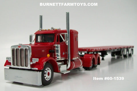 Item #60-1539 Red Black Frame Peterbilt 359 36-inch Sleeper with Spread Axle Wilson Roadbrute Flatbed Trailer - 1/64 Scale - DCP by First Gear