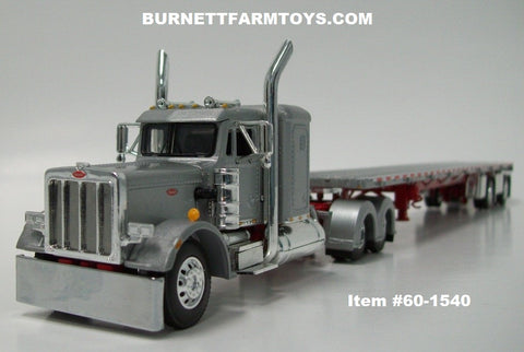 Item #60-1540 Silver Red Long Frame Peterbilt 359 36-inch Flattop Sleeper with Silver Deck Red Frame Spread Axle Wilson Roadbrute Flatbed Trailer - 1/64 Scale - DCP by First Gear