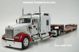 Item #68-1370 Creepin Trucking LLC White Burgundy Kenworth W900L 86-inch Studio Sleeper with Burgundy Frame Tandem Axle Fontaine Renegade LXT40 Machinery Trailer with Flip Axle and Detachable Neck - 1/64 Scale - DCP