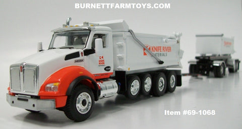 Item #69-1068 Knife River Materials White Orange Kenworth T880 Rogue Dump Truck with Rogue Tandem Axle Transfer Dump Trailer - Toy Truck and Construction 2021 Edition - 1/64 Scale - DCP by First Gear
