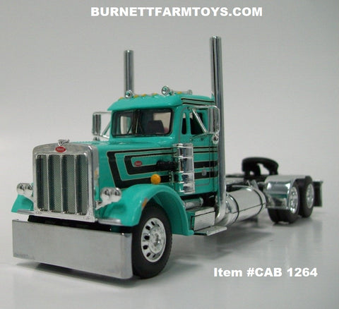 Item #CAB 1264 Mint Green Black Stripe Gold Outline Long Frame Peterbilt 359 Day Cab - 1/64 Scale - DCP by First Gear