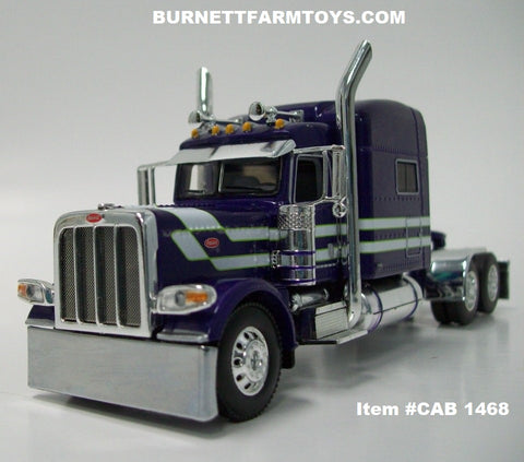 Item #CAB 1468 Purple White Stripe Lime Green Outline Peterbilt 389 70-inch Mid Roof Sleeper - 1/64 Scale - DCP by First Gear